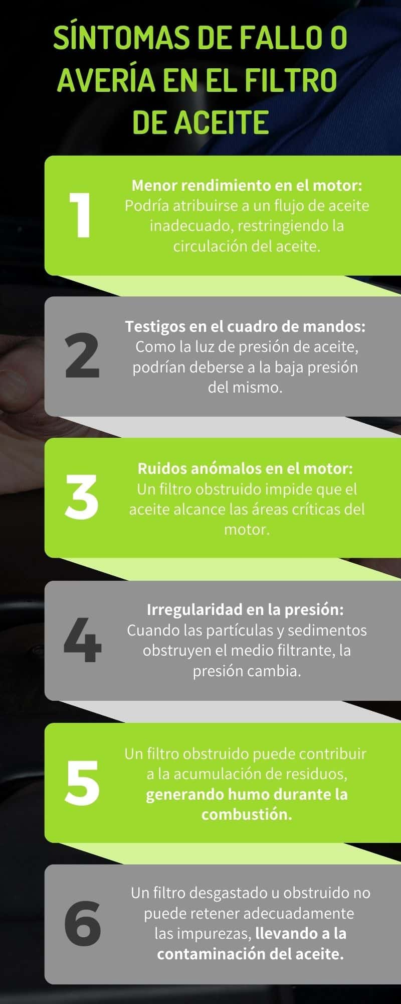 Síntomas de fallo o avería en el filtro de aceite